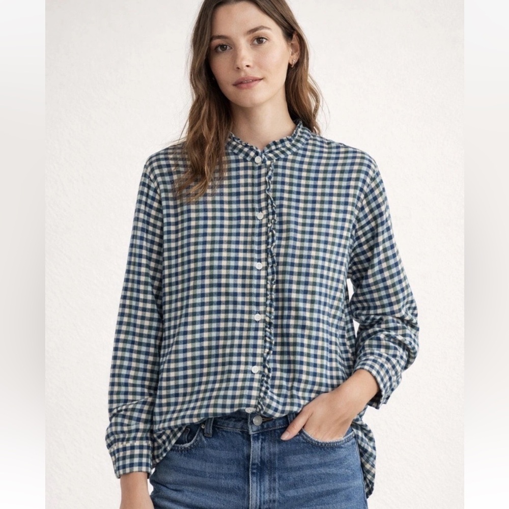 Trovata Birds of Paradis Helena Ruffle-Trim Shirt Blue Bluff Check Size XS